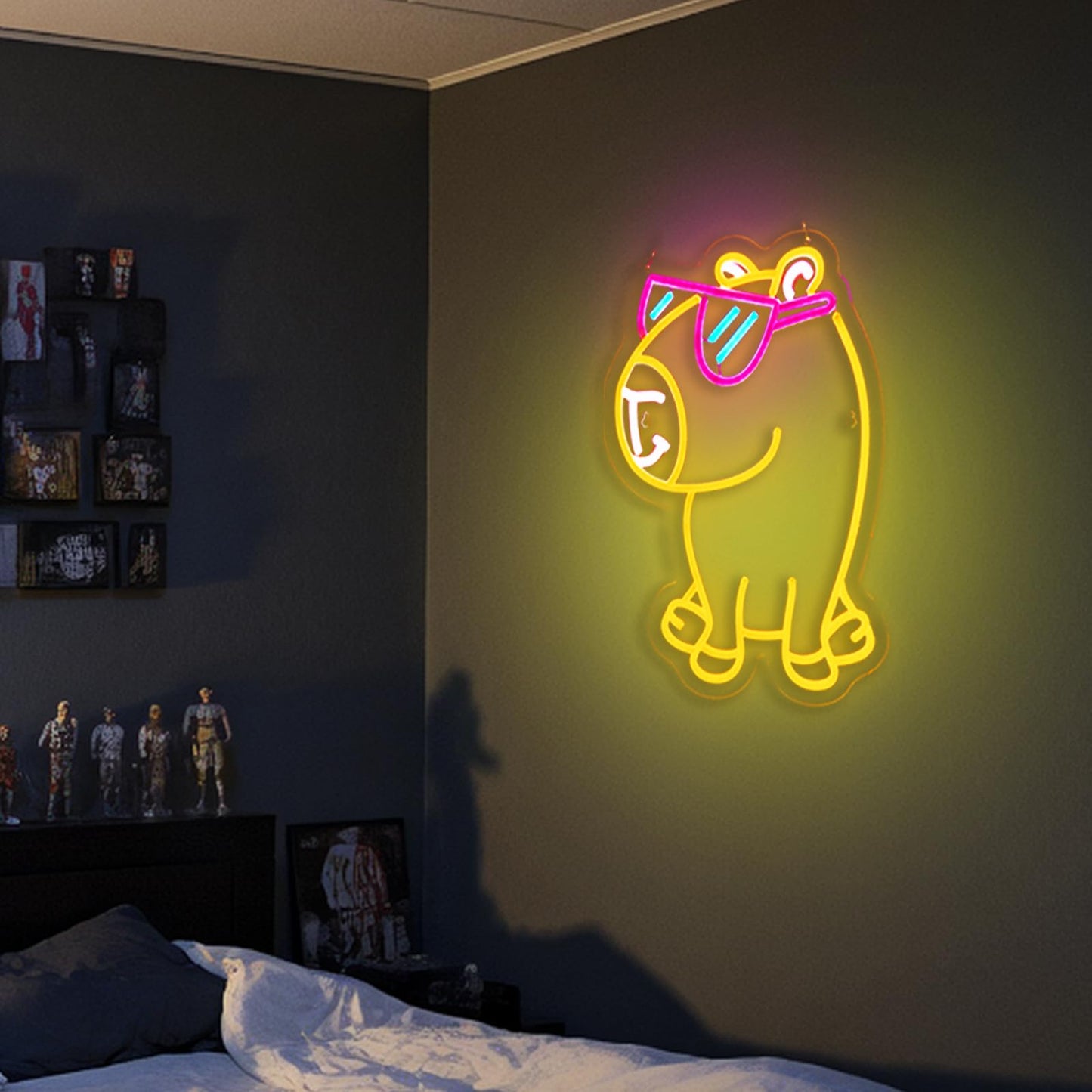 Jimeva cute pet neon wall decor featuring a glowing yellow dog with pink sunglasses mounted on a dark wall