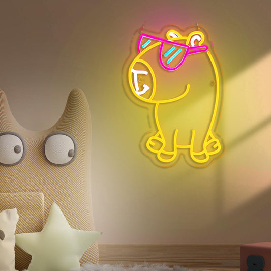 Jimeva cute pet neon wall decor featuring a glowing yellow dog with pink sunglasses