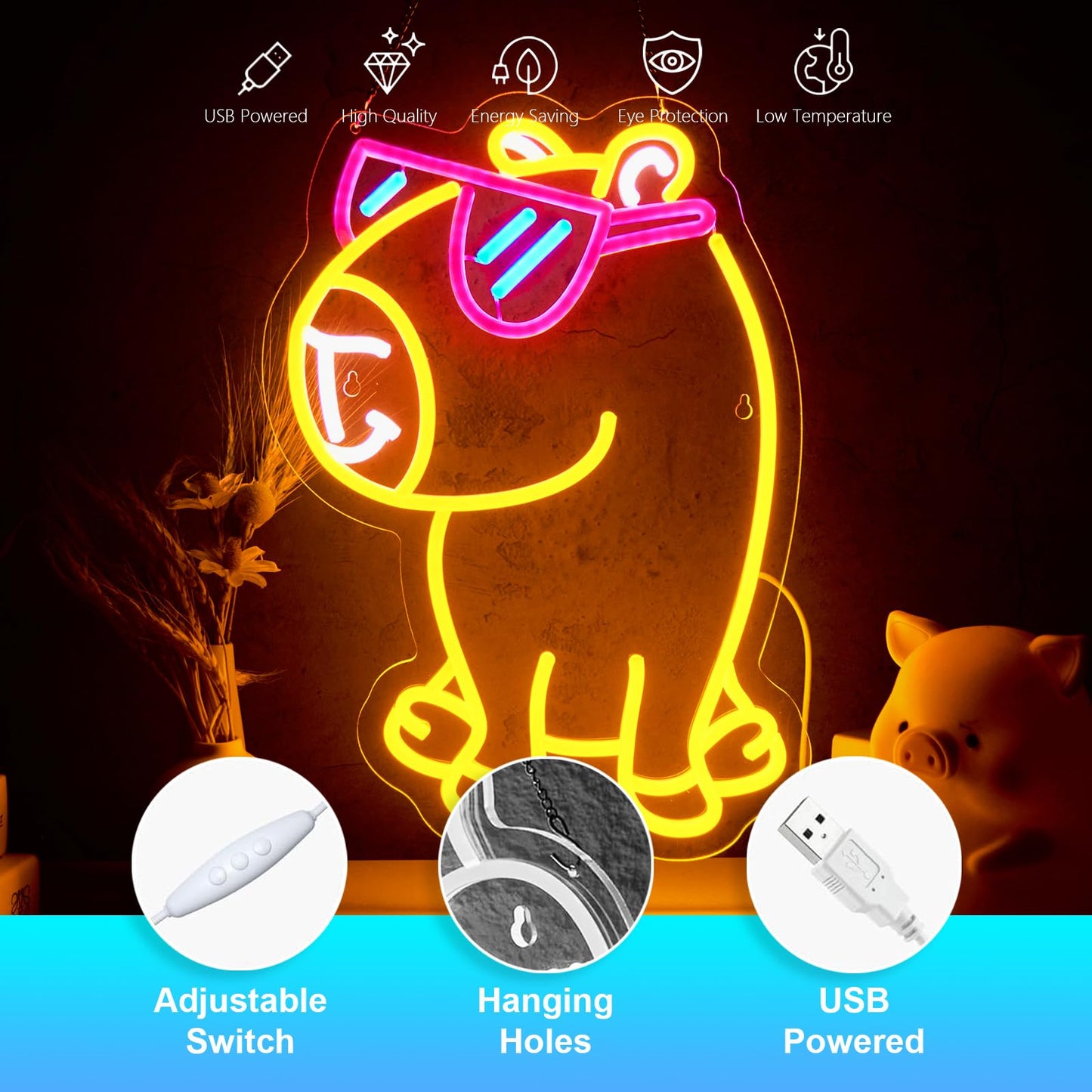 Jimeva cute pet neon wall decor shaped like a glowing yellow dog with pink sunglasses, USB powered with adjustable switch