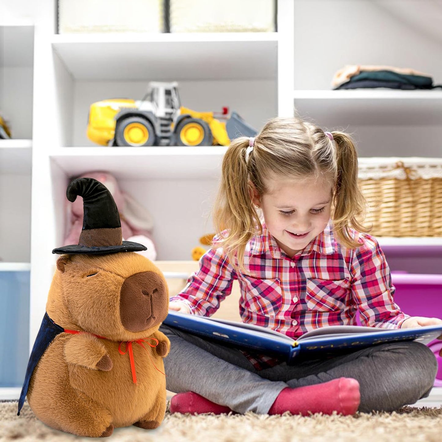 Cute wizard capybara plush toy sitting next to a little girl reading a book in a cozy playroom