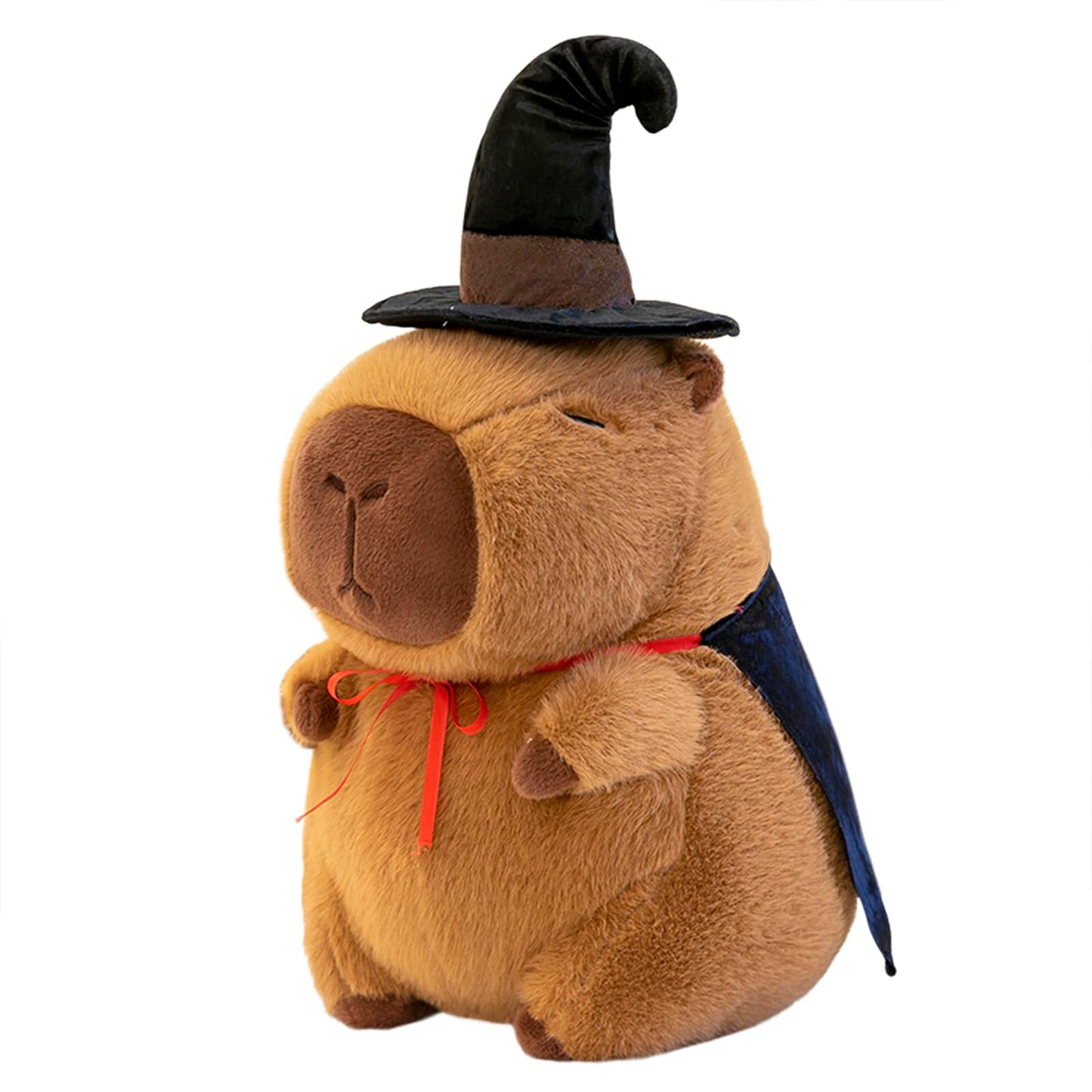 cute wizard capybara plush wearing a black wizard hat and blue cape with red ribbon