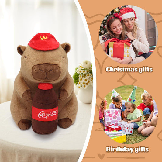 drink bottle capybara stuffed toy holding a brown bottle plush with red label and hat