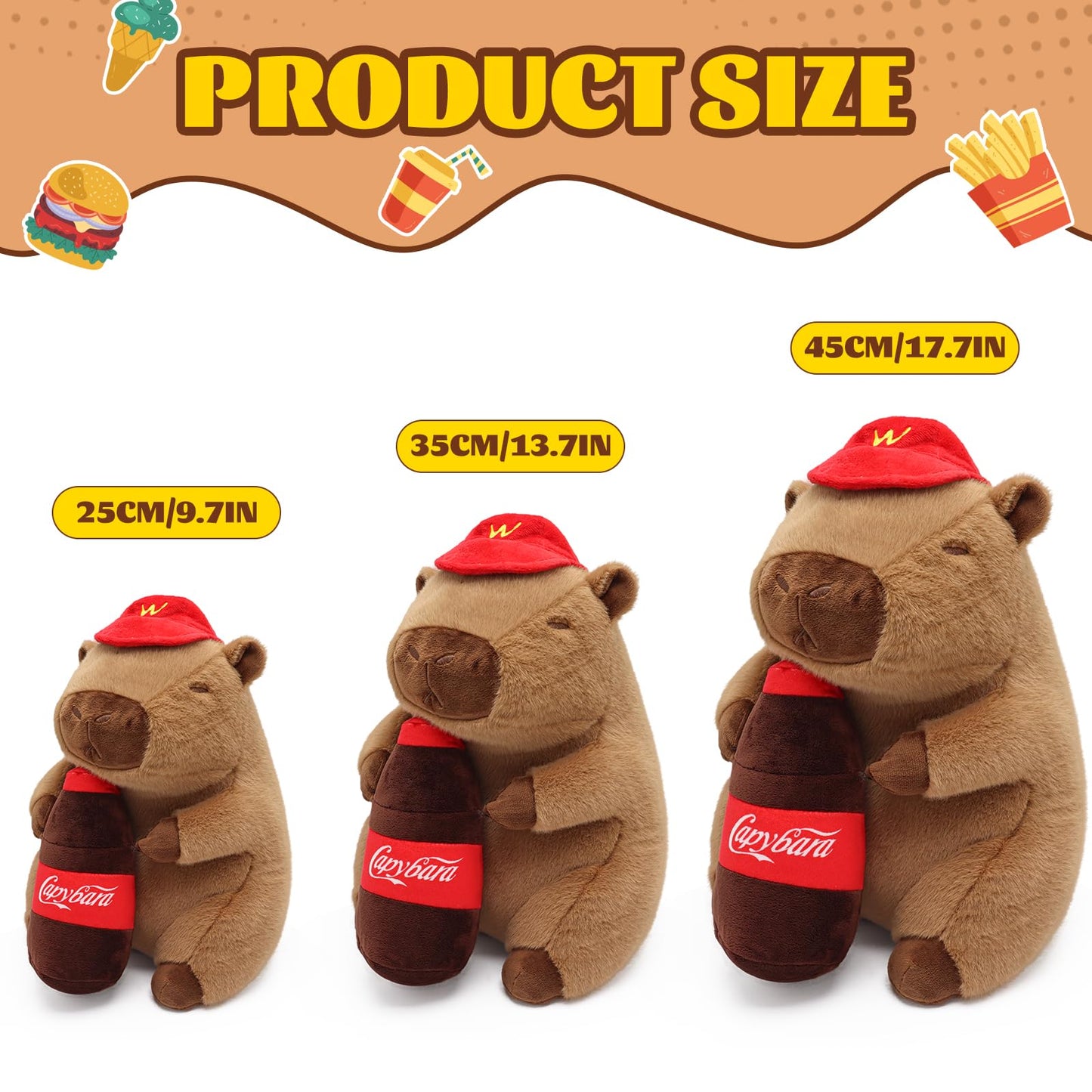 Three sizes of drink bottle capybara stuffed toy wearing red hats holding brown drink bottles