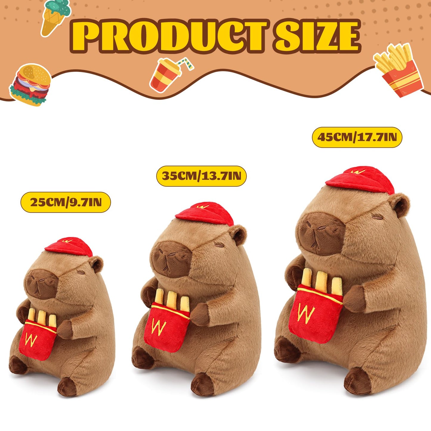 Three sizes of french fries stuffed animal capybara wearing red hats holding red fries containers