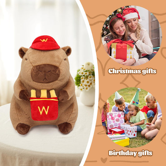 capybara plush toy holding a red french fries stuffed animal with a red hat