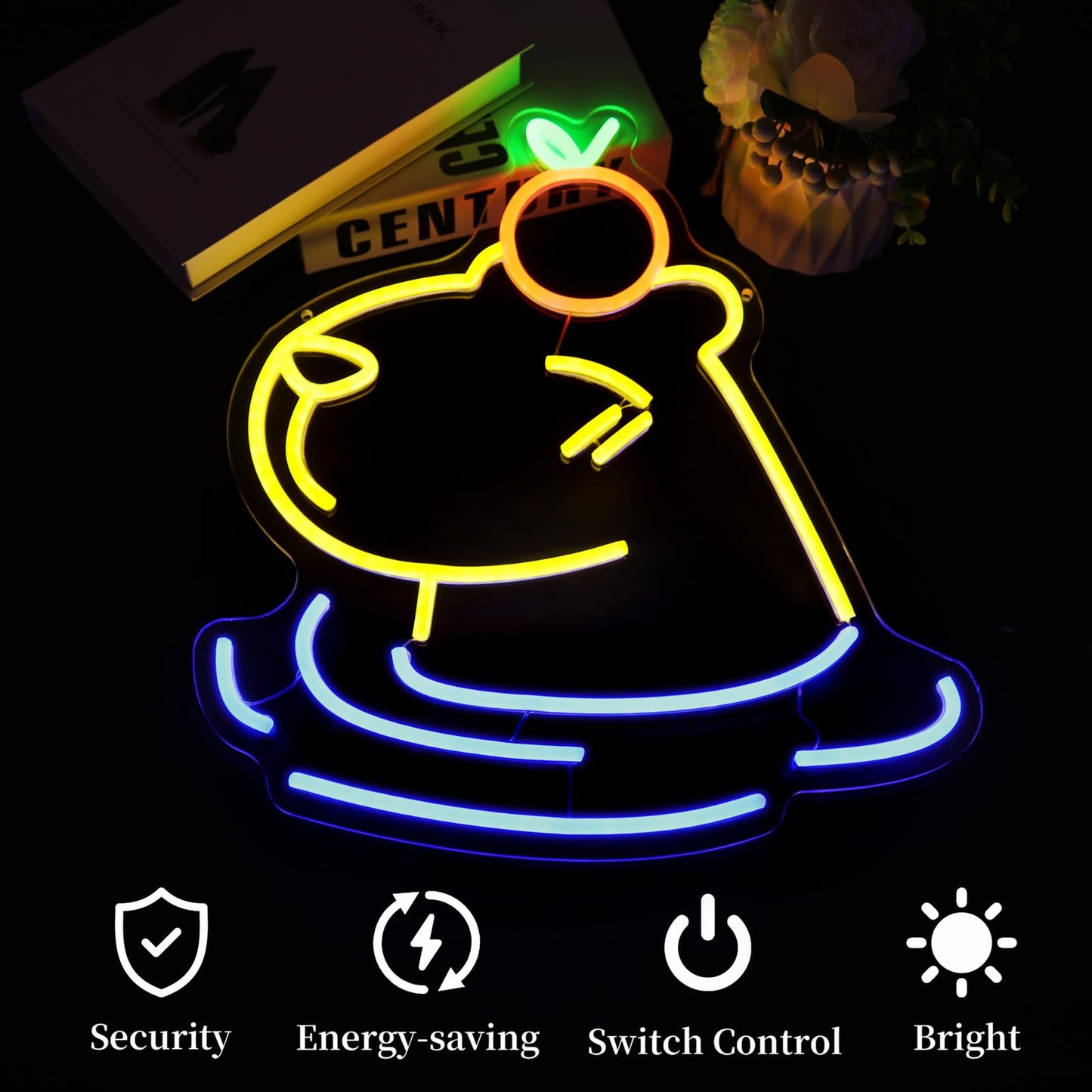 Ebdobgbs LED capybara wall decor glowing in yellow blue and green neon colors in dark room