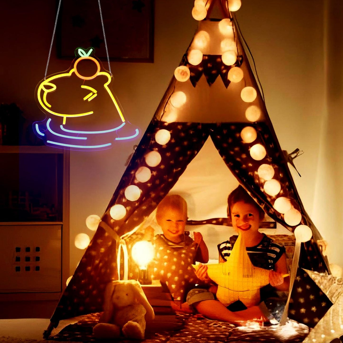 LED capybara wall decor glowing in blue and yellow light hanging near children playing in illuminated teepee tent