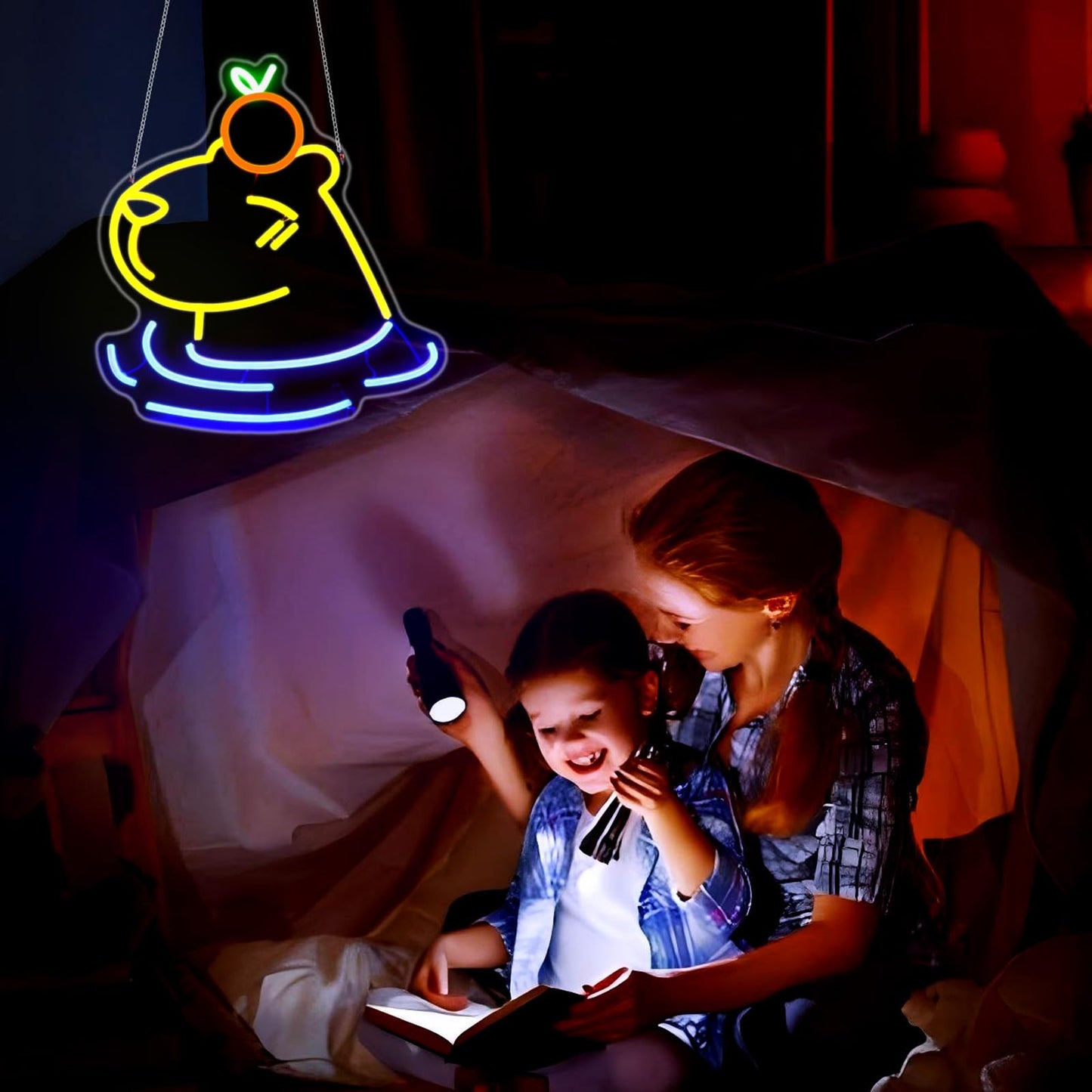 LED capybara wall decor glowing in a dark room where a mother and child read a book under a blanket fort