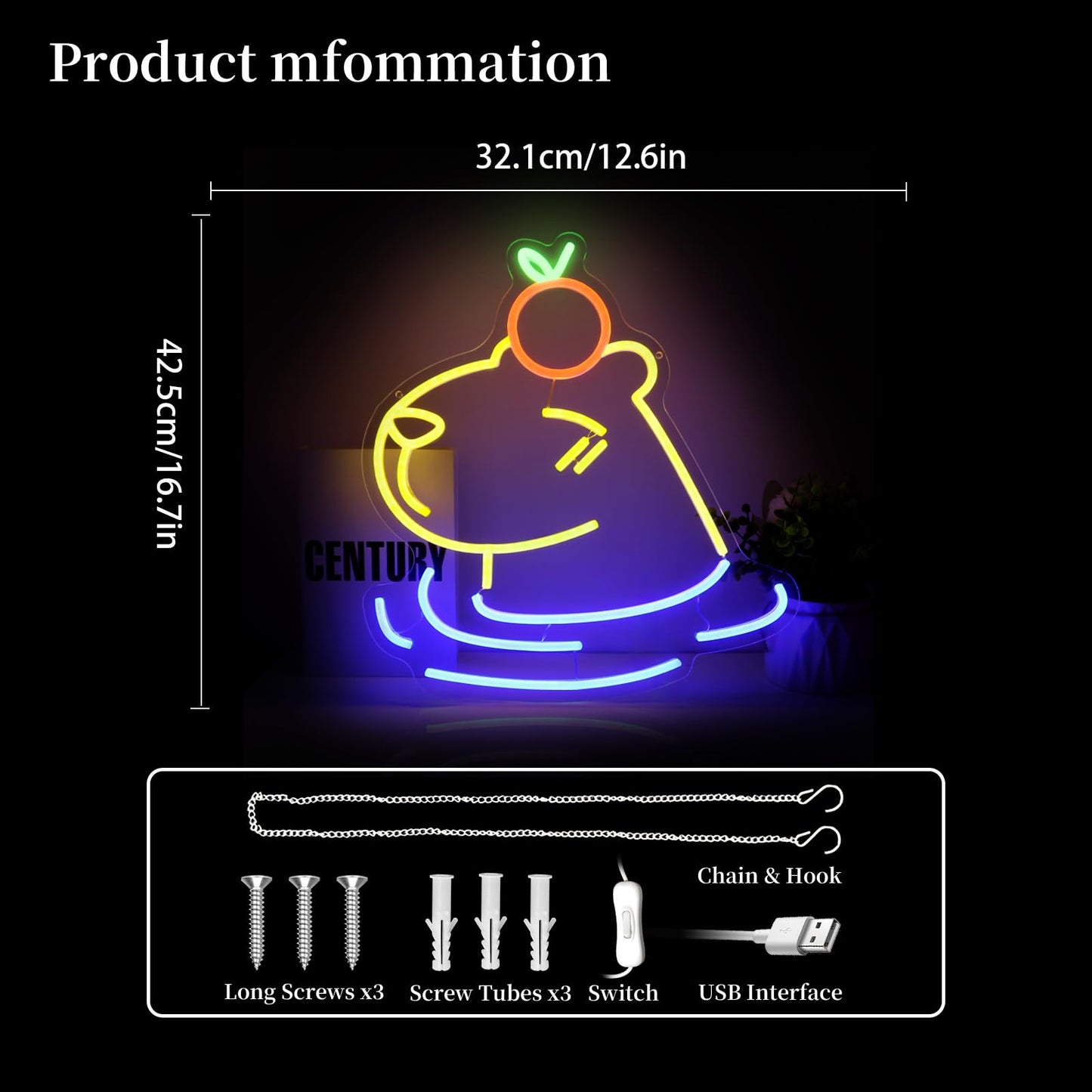 LED capybara wall decor in colorful neon light with USB interface and mounting hardware included