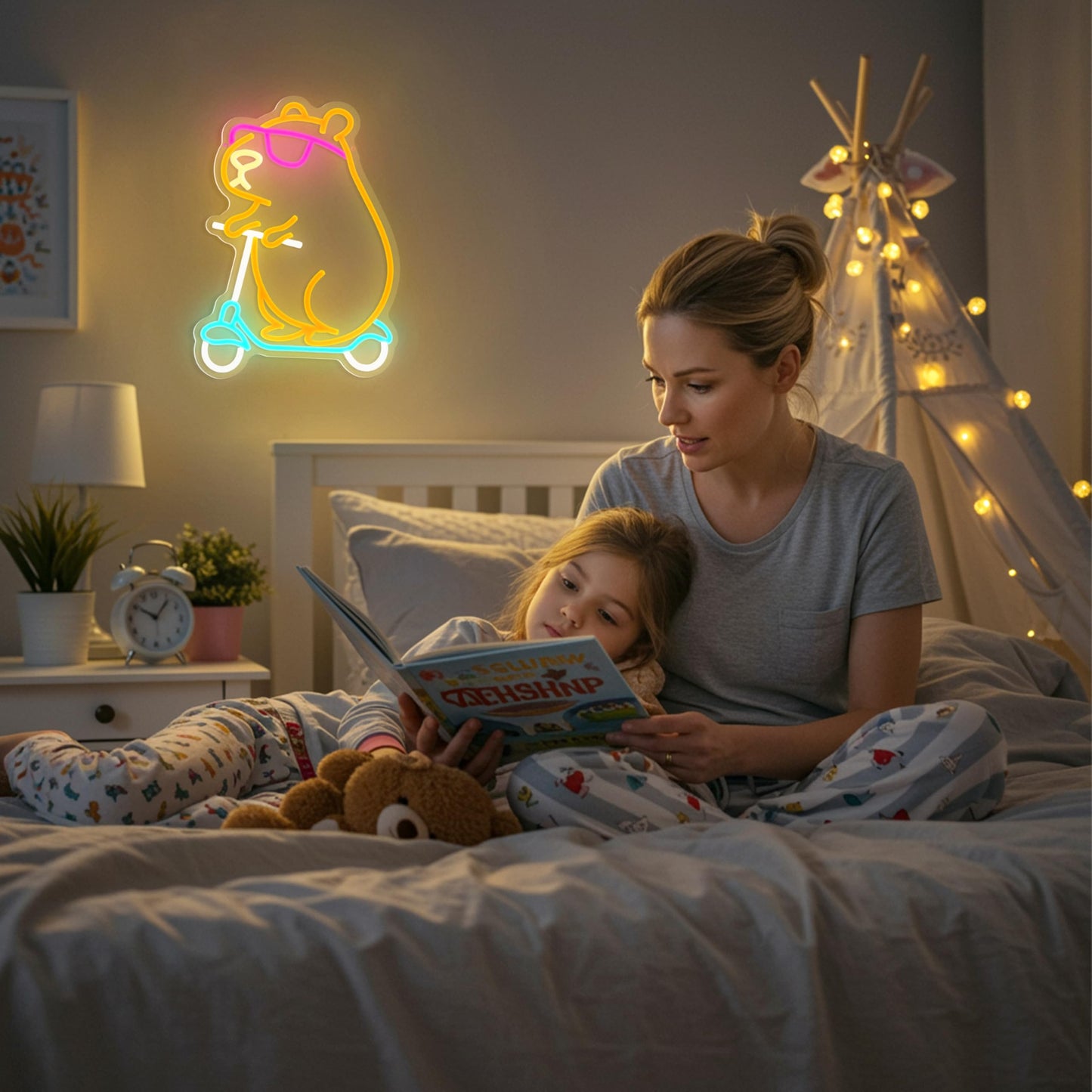 Capybara themed room decor neon wall light glowing above mother and child reading in cozy bedroom