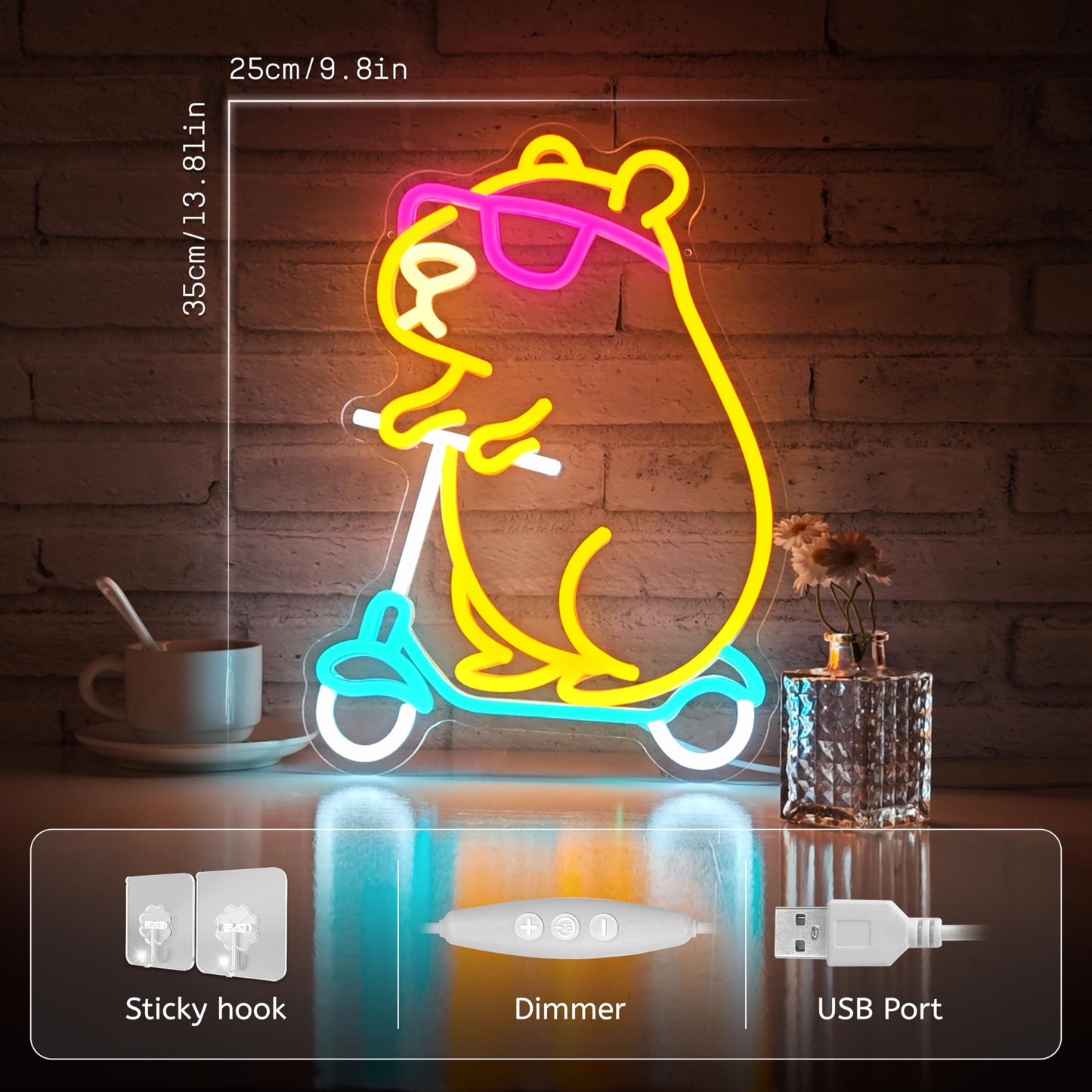 Zidoni capybara themed room decor neon light on scooter with USB port and dimmer for lawn and patio