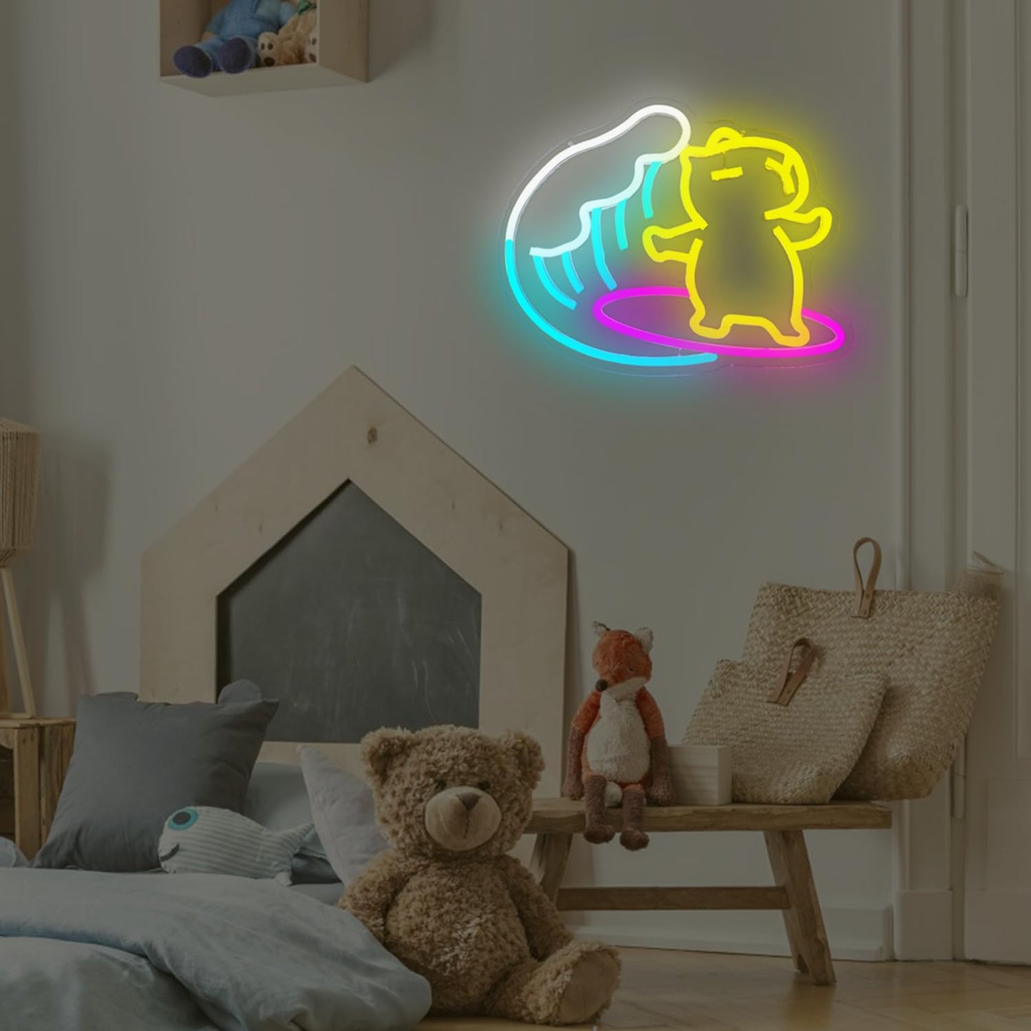 Dpaint neon surfing capybara wall decor glowing in a cozy child's room with teddy bears and cushions