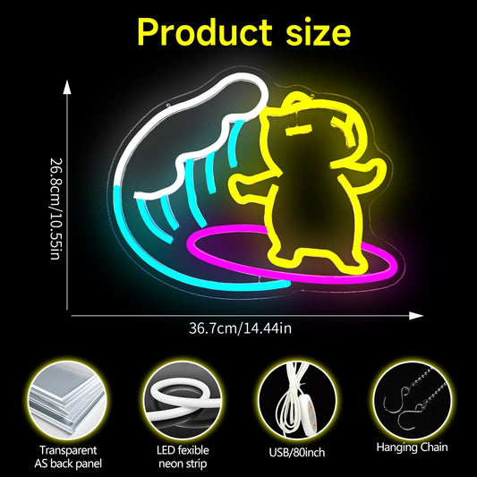 Dpaint colorful neon surfing capybara wall decor with wave and surfboard shape for lawn and patio