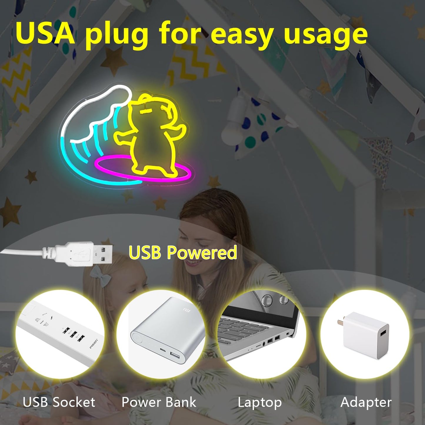 Neon surfing capybara wall decor with USA plug shown with USB socket power bank laptop and adapter options