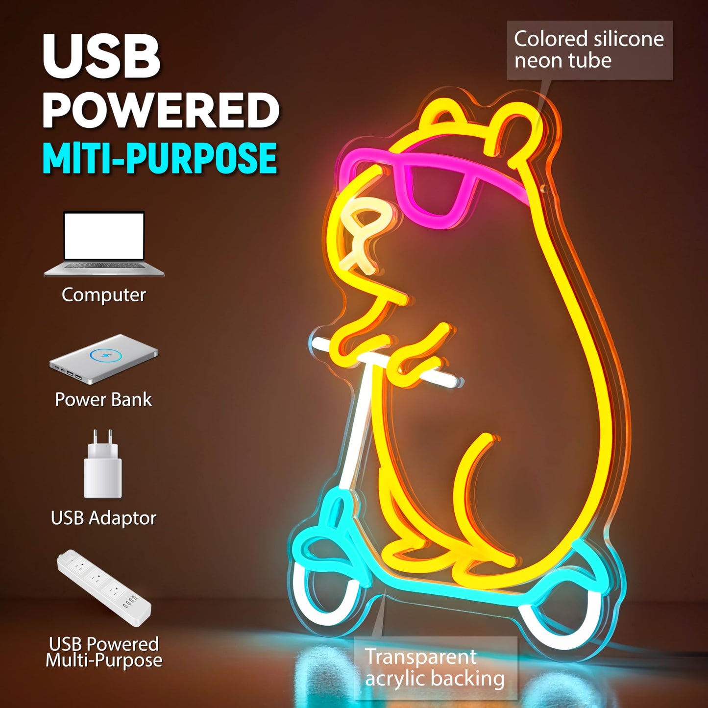 Zidoni capybara themed room decor neon light with colorful silicone tube on scooter USB powered