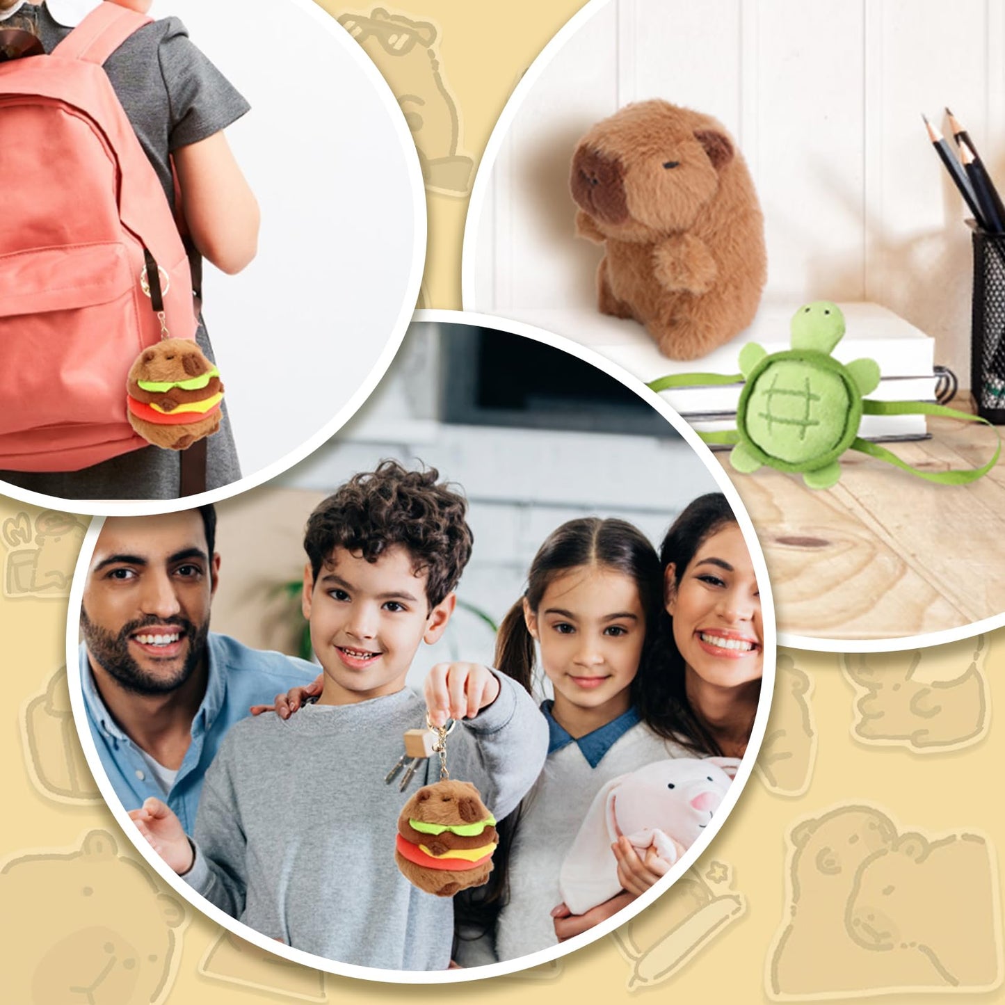 Capybara keychain set featuring plush capybara and turtle keychains shown on backpack and desk accessories
