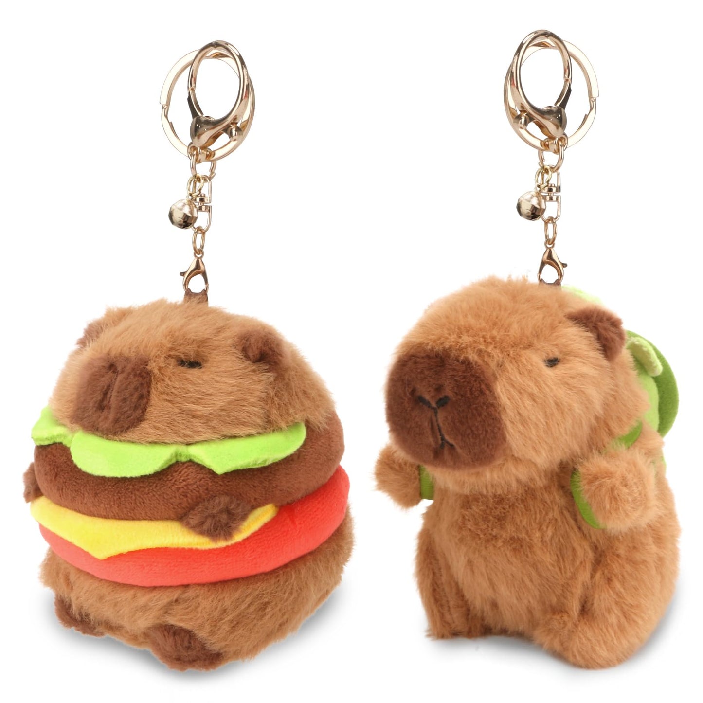 cute capybara keychain set featuring plush capybaras with burger and turtle designs