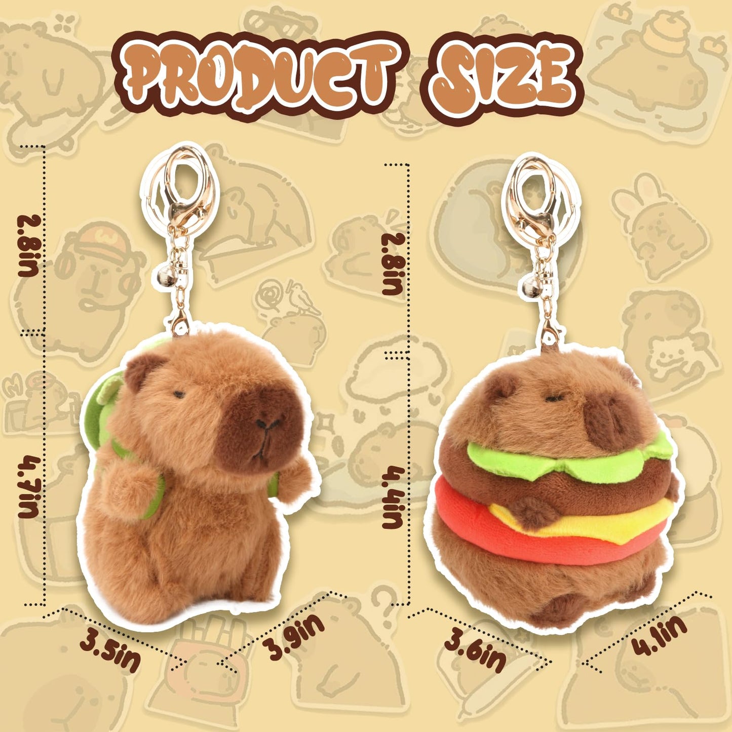 capybara keychain set featuring two plush keychains including a plain capybara and a capybara burger design