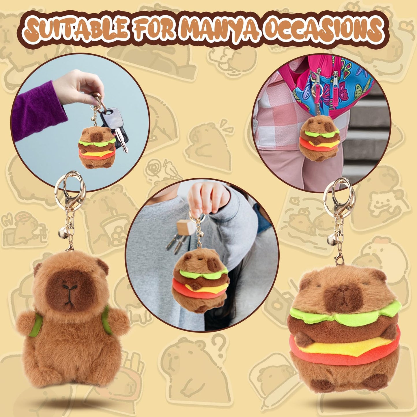 capybara keychain set featuring soft plush capybaras dressed as hamburgers attached to key rings