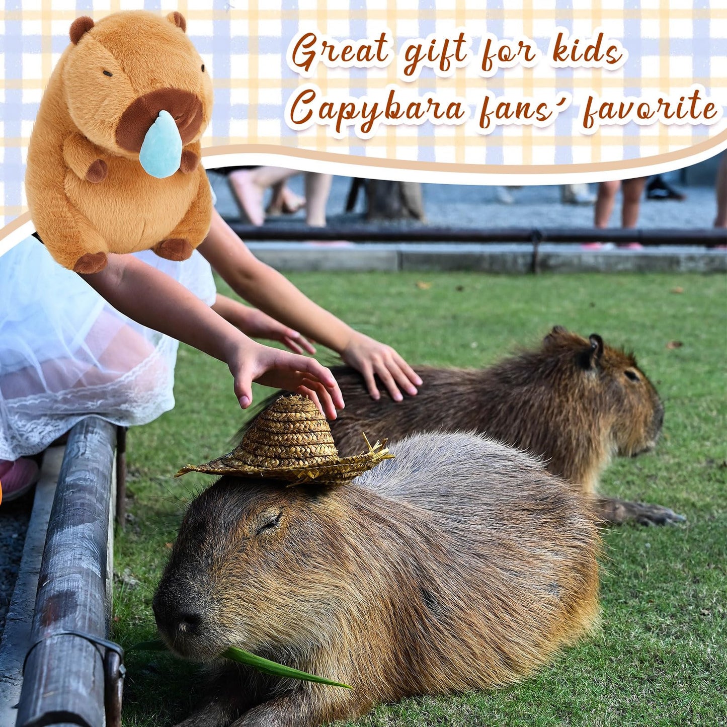 Capybara pillow with snot plush toy shown as a great gift for capybara fans with real capybaras in the background