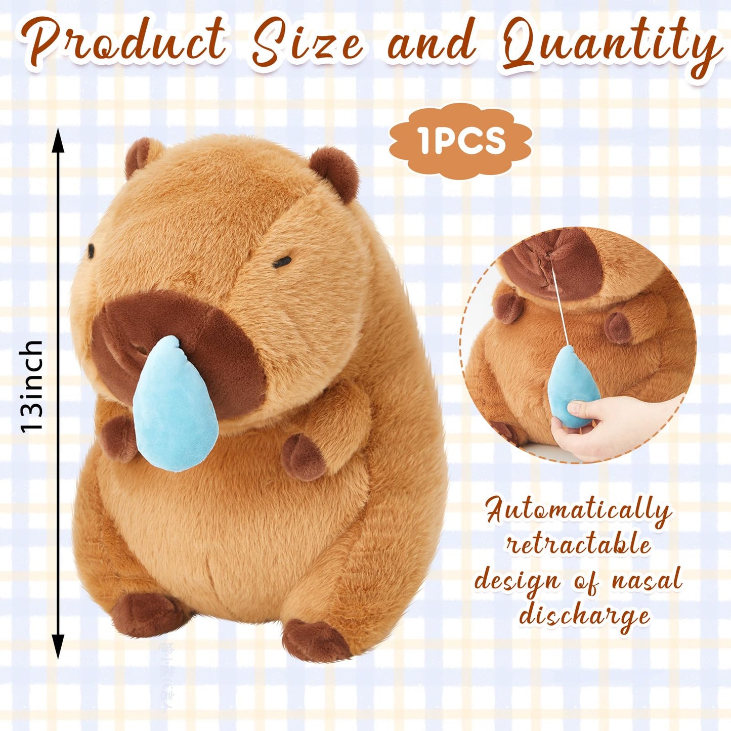 13 inch capybara pillow with snot featuring automatically retractable nasal discharge