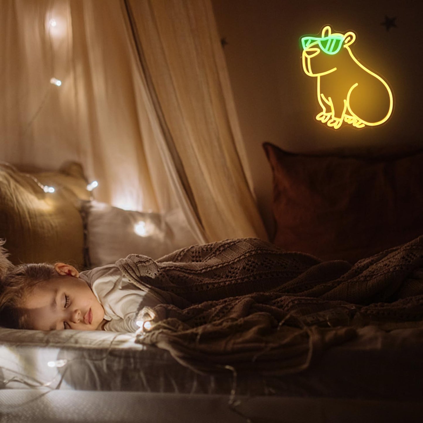 Cool animal wall light decor featuring a glowing neon dog with green sunglasses in a cozy bedroom