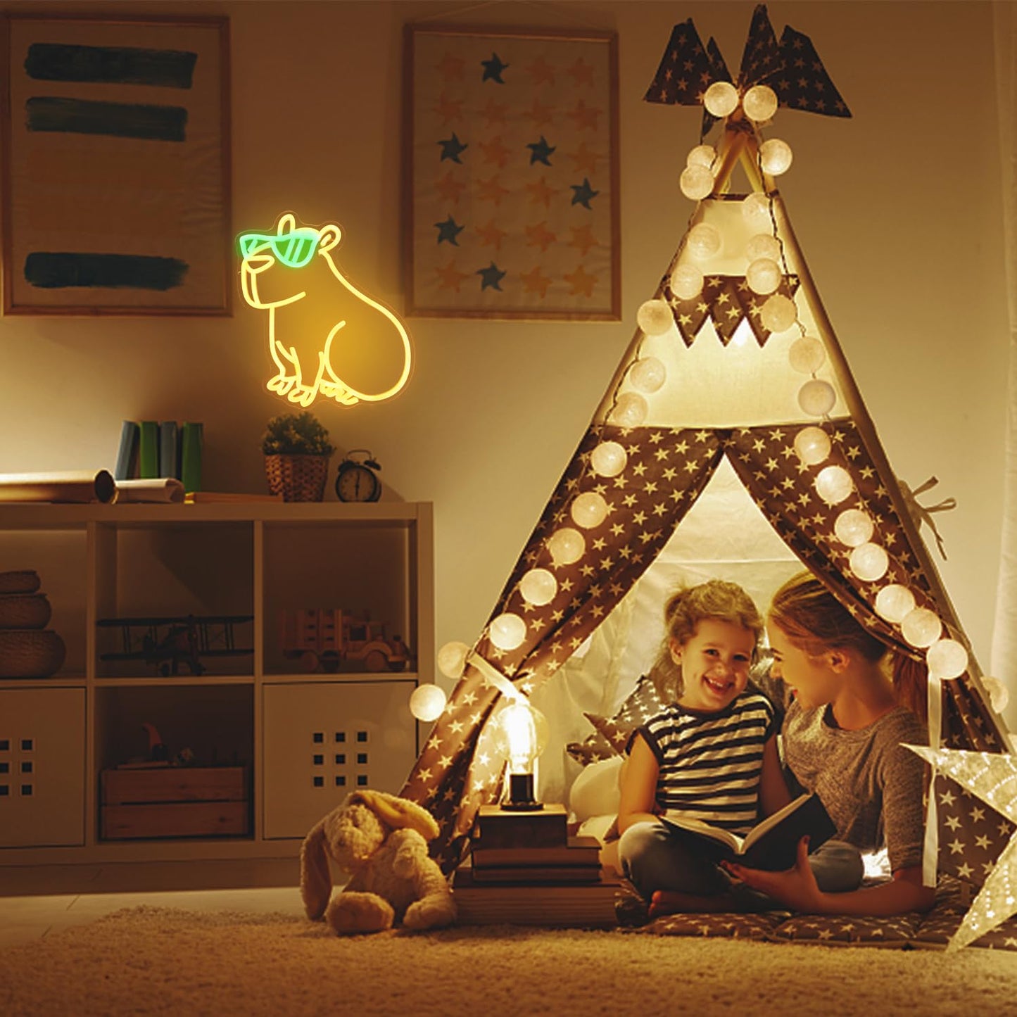 Cool animal wall light decor shaped like a glowing capybara with sunglasses in a cozy kids' playroom