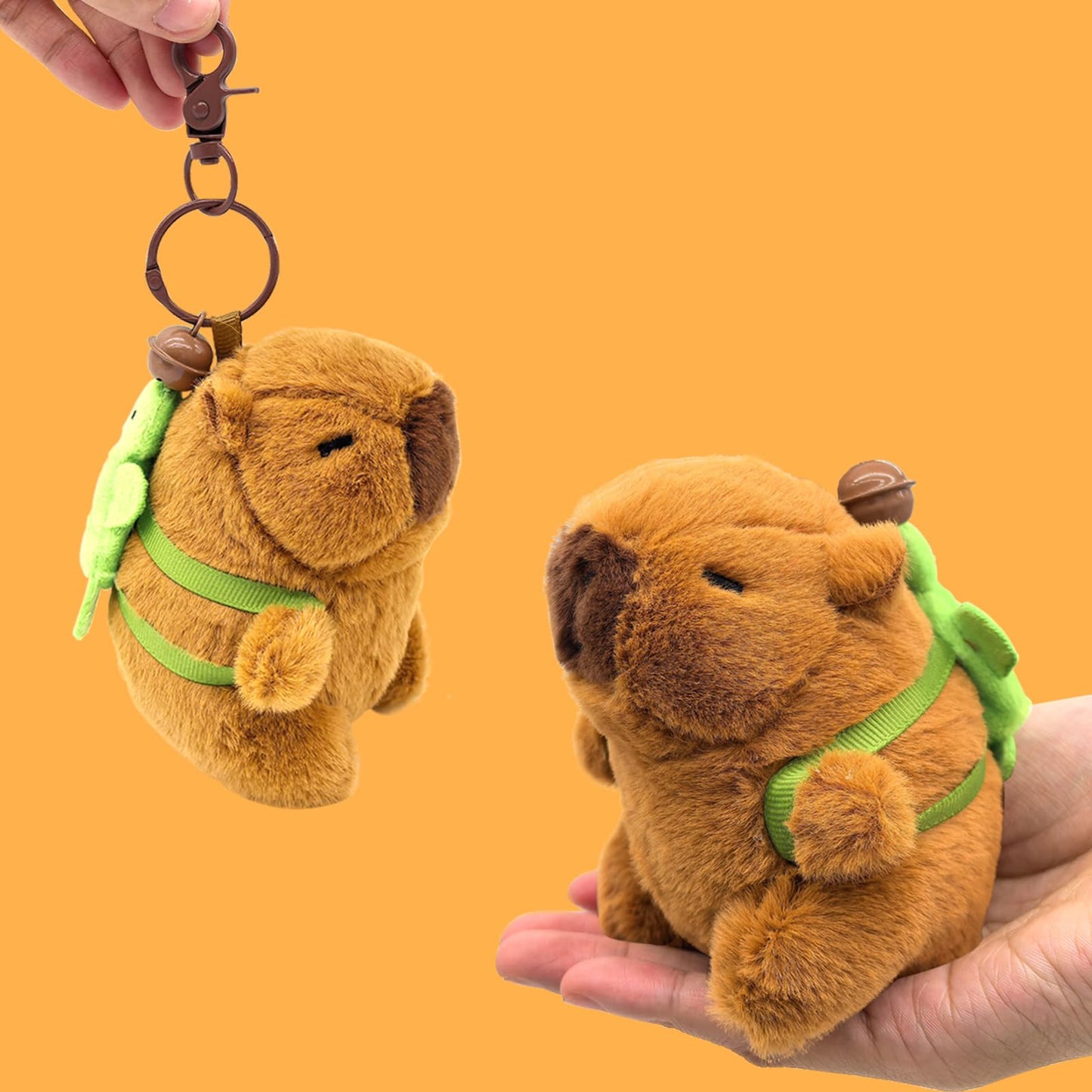 plush capybara keychain 4 pack showing soft brown capybara plush with green leaf harness and small bell