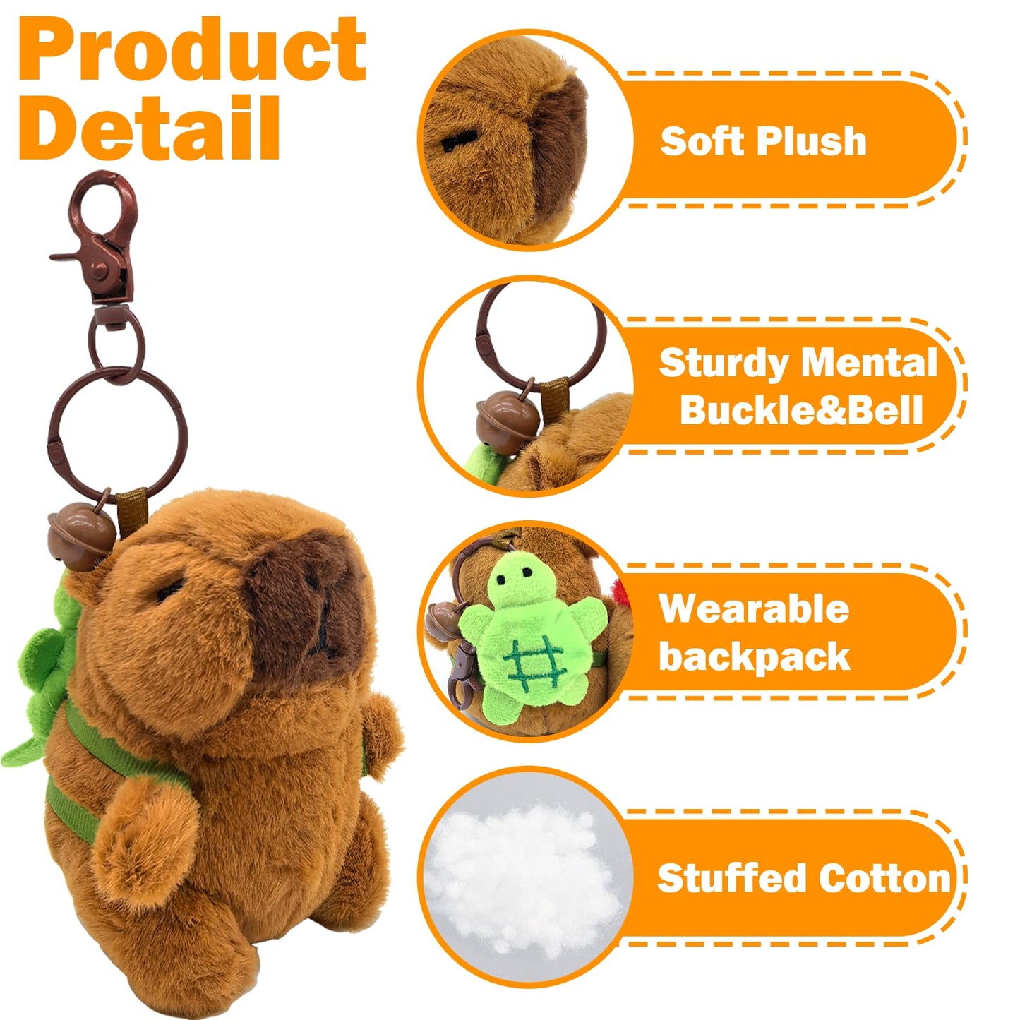 plush capybara keychain 4 pack with soft plush, sturdy metal buckle, wearable backpack, and stuffed cotton