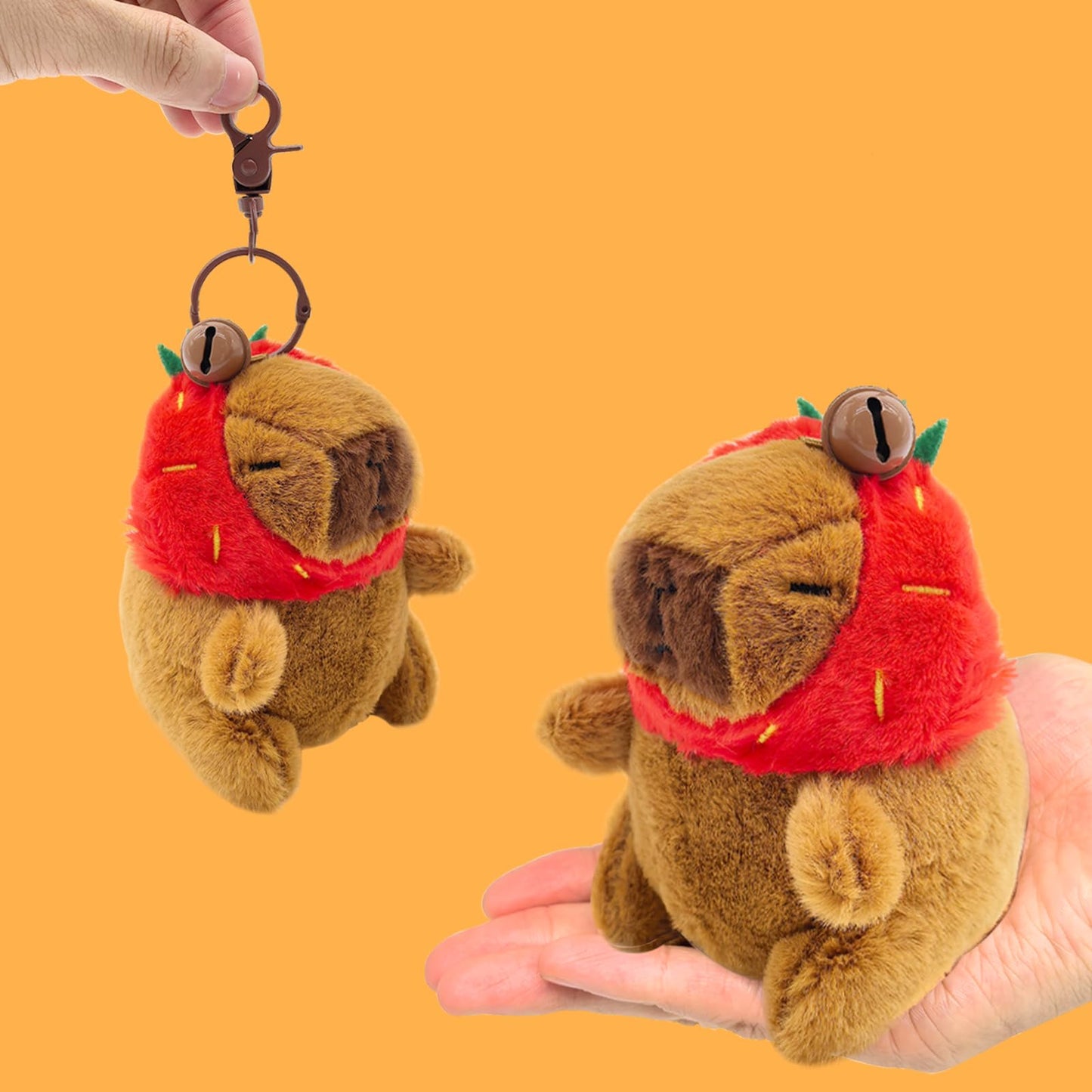 plush capybara keychain 4 pack showing soft brown capybara with red hood and bell held in hand