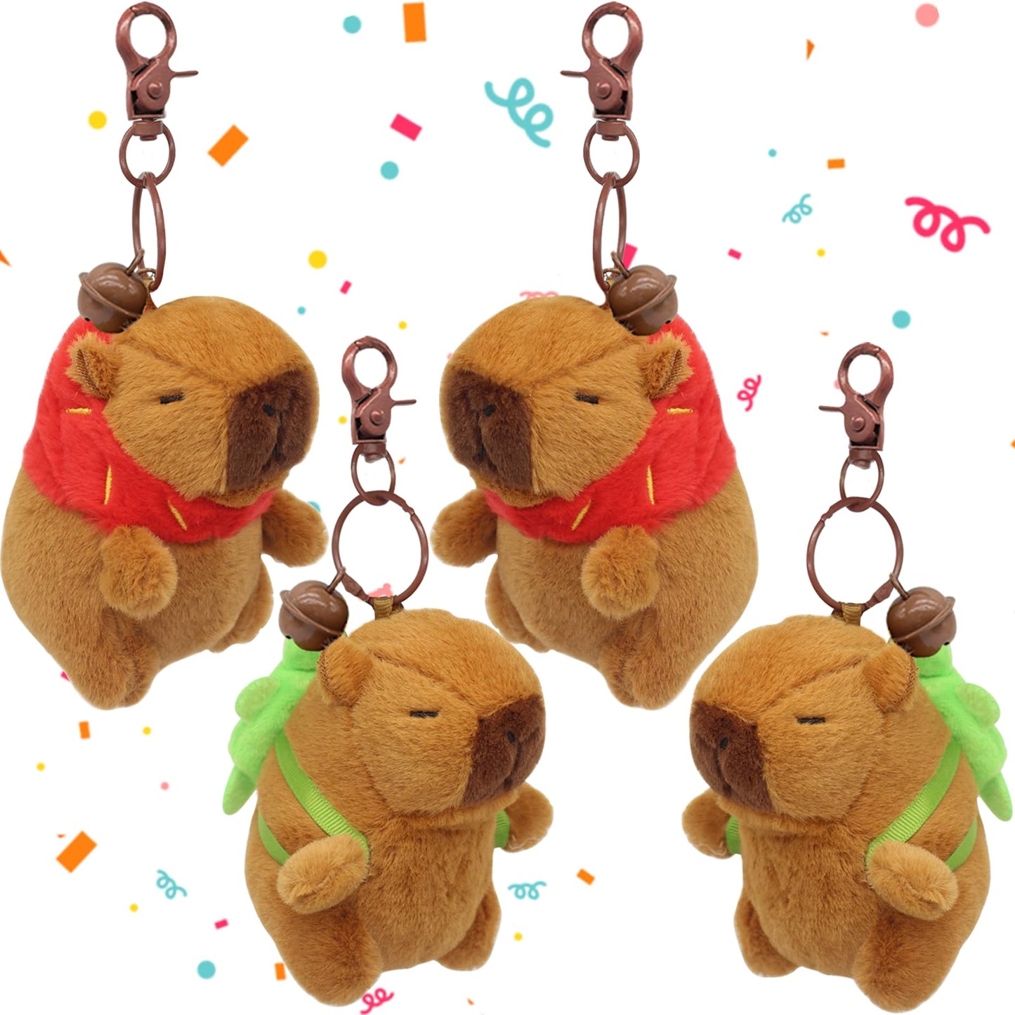 plush capybara keychain 4 pack with soft brown capybara toys wearing colorful scarves and clips