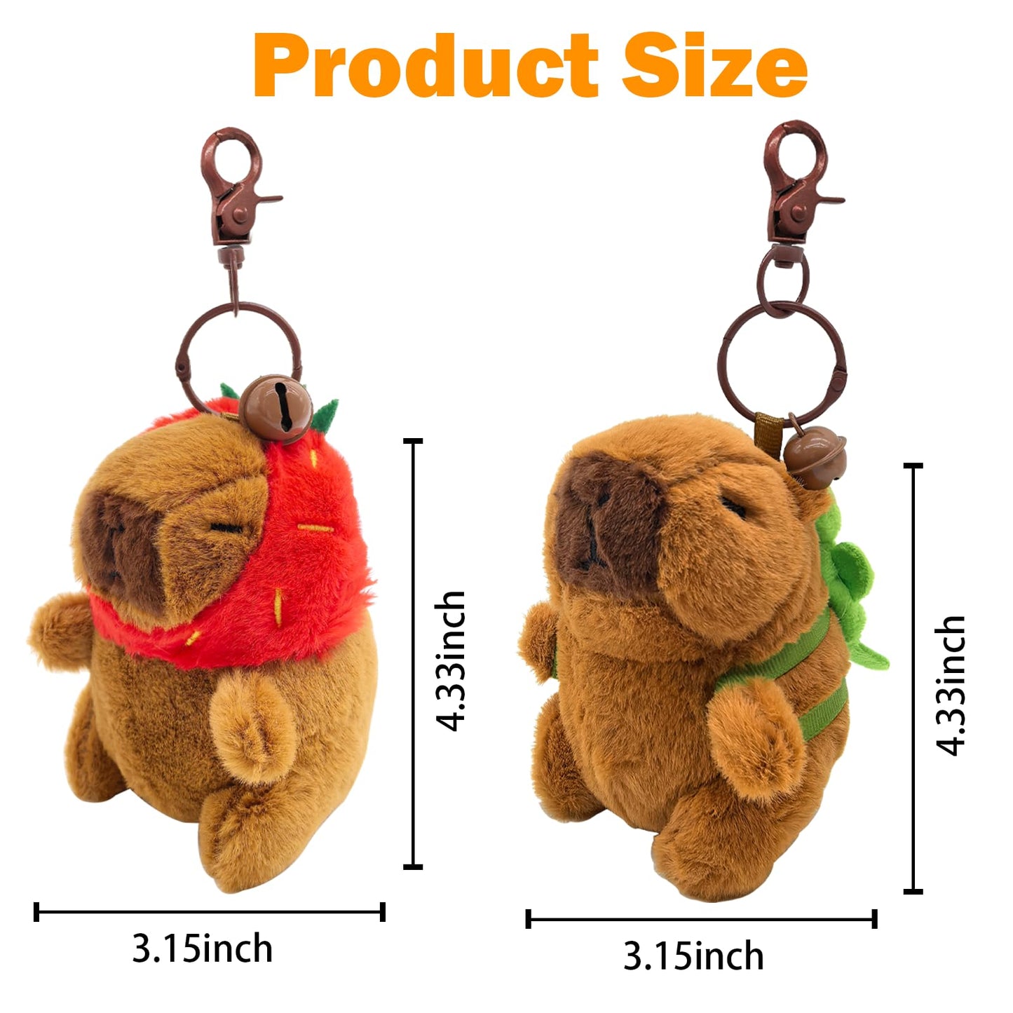 plush capybara keychain 4 pack showing two 4.33 inch plush toys with fruit costumes and key rings
