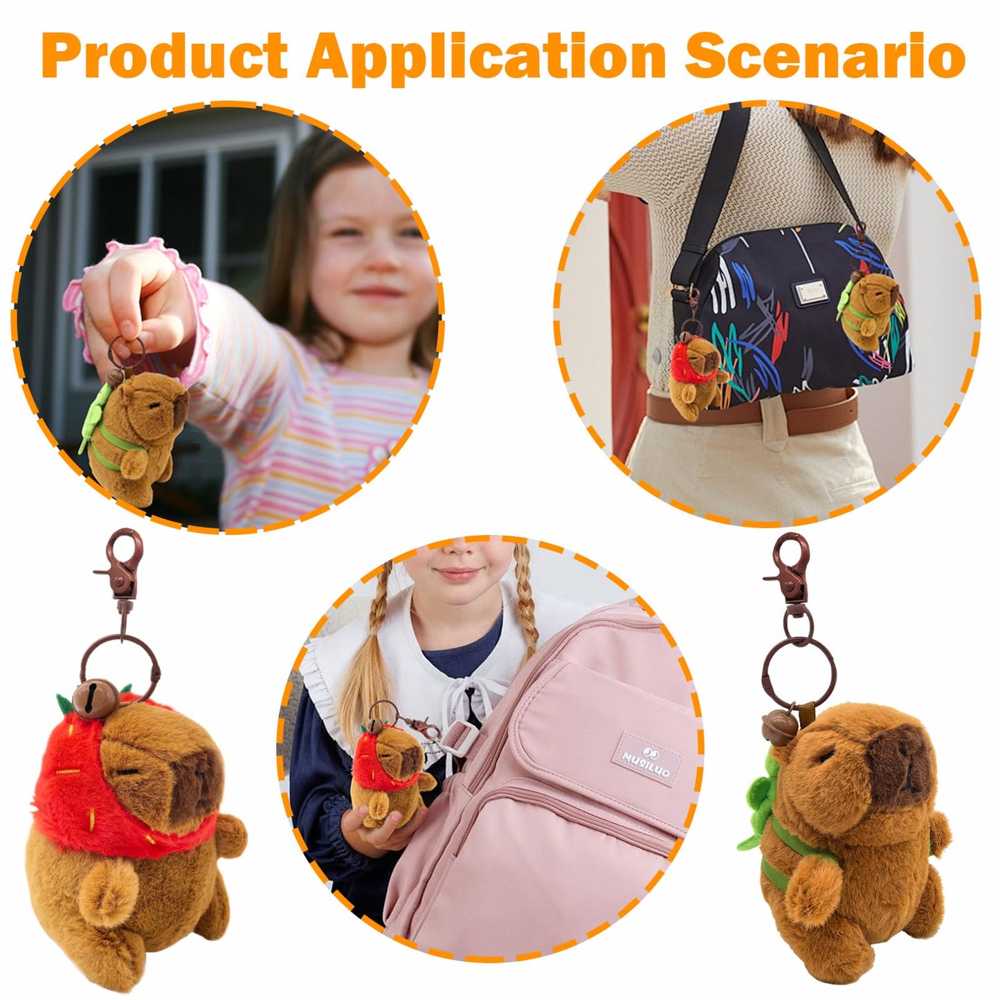plush capybara keychain 4 pack shown attached to bags and held by kids for cute accessory use