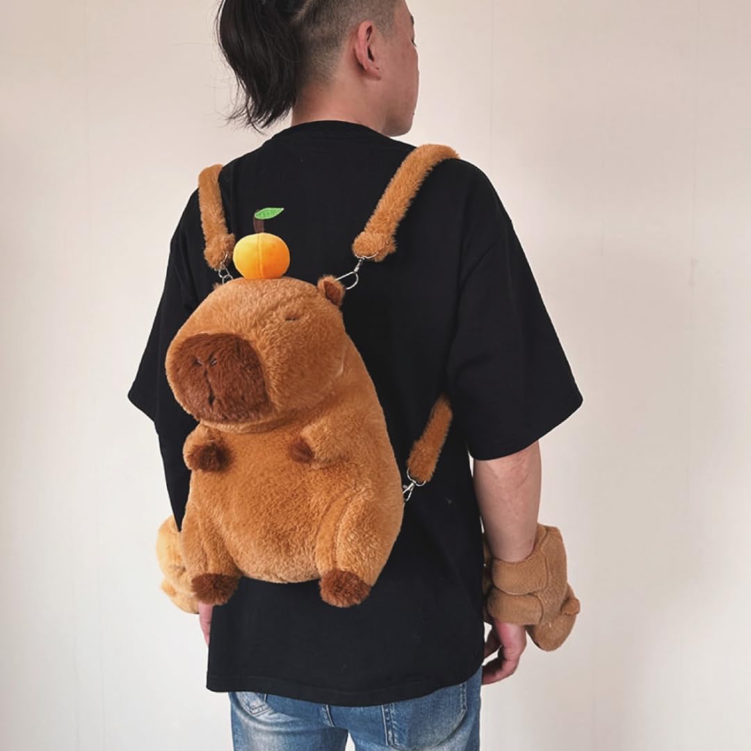 Whrigud Adorable Capybara Backpack with Leash - Fluffy Orange Capybara Stuffed Animal Shoulder Bag