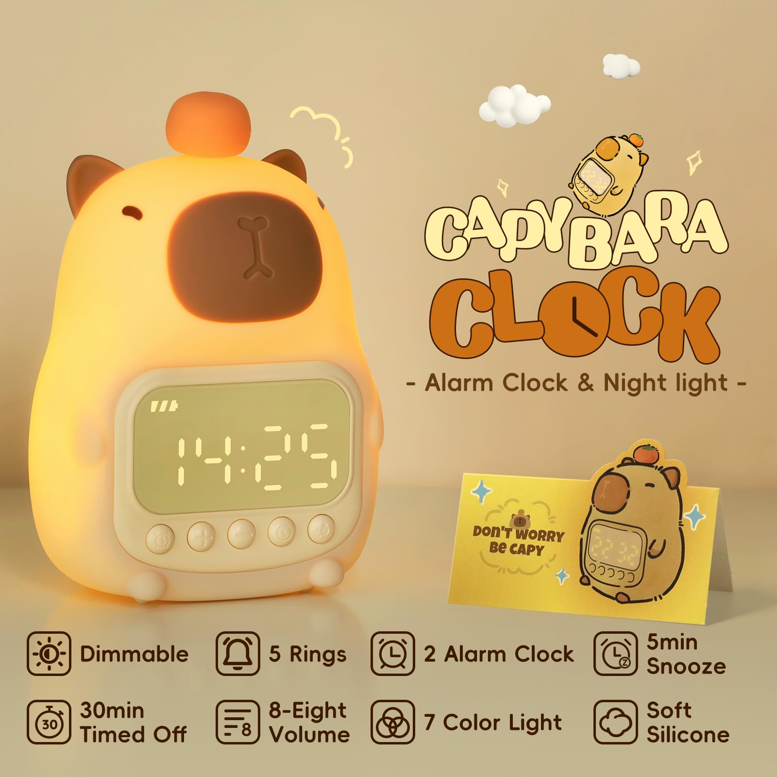 capybara alarm clock with night light, dimmable soft silicone design and multiple alarm features