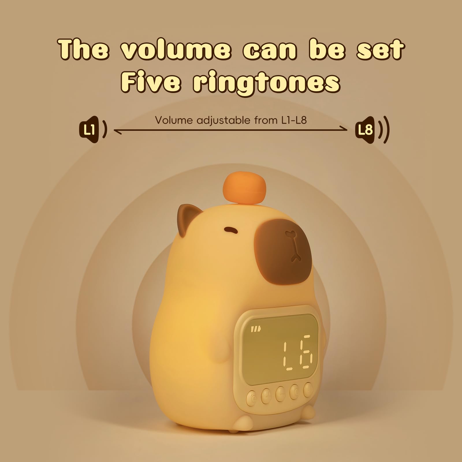 Yellow capybara alarm clock with digital display and adjustable volume with five ringtones