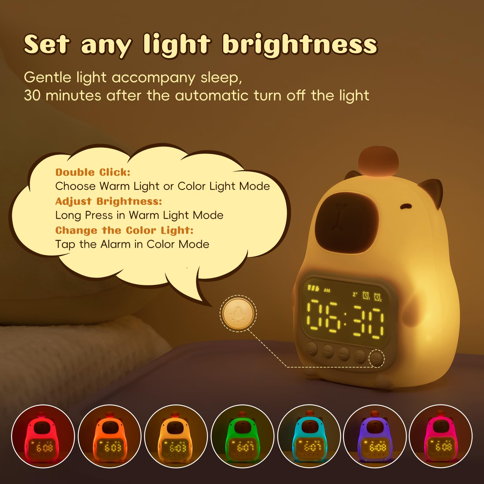 capybara alarm clock with adjustable warm and color light brightness modes for bedrooms