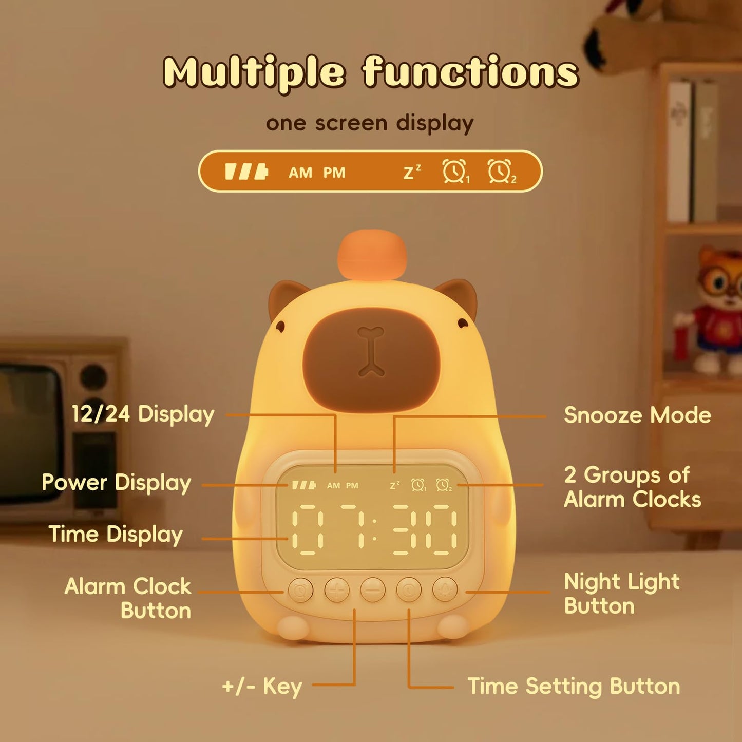 capybara alarm clock with multiple functions including snooze mode and night light button