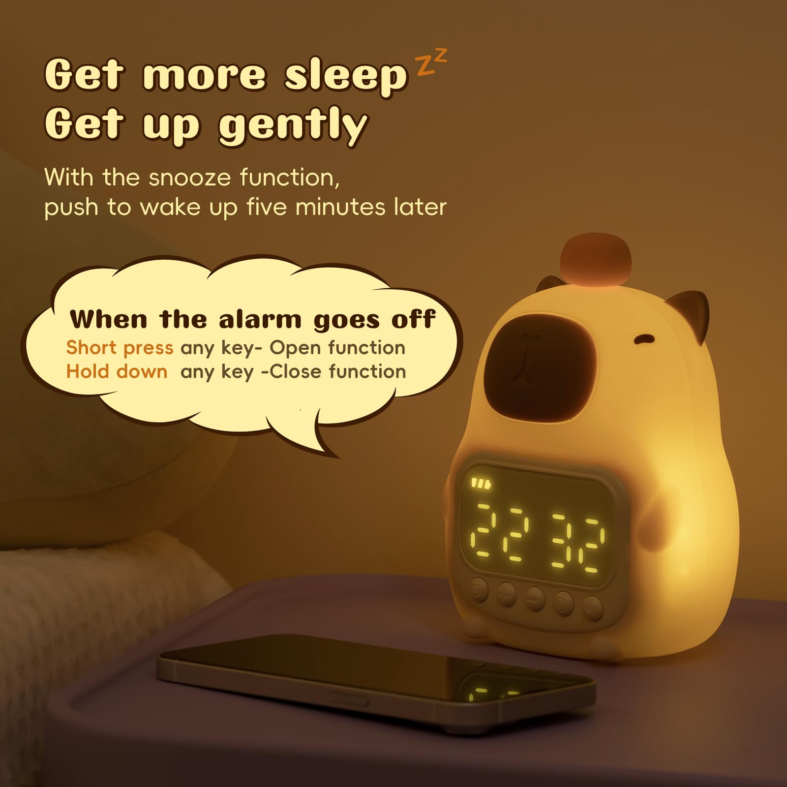 capybara alarm clock with snooze function glowing softly on nightstand beside smartphone