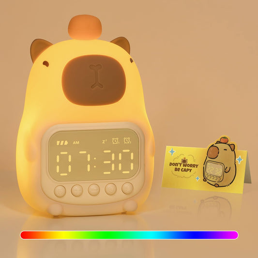 capybara alarm clock with soft yellow light and digital display showing 7:30 AM