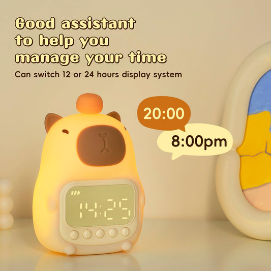 capybara alarm clock with soft yellow light and digital display showing 7:30 AM