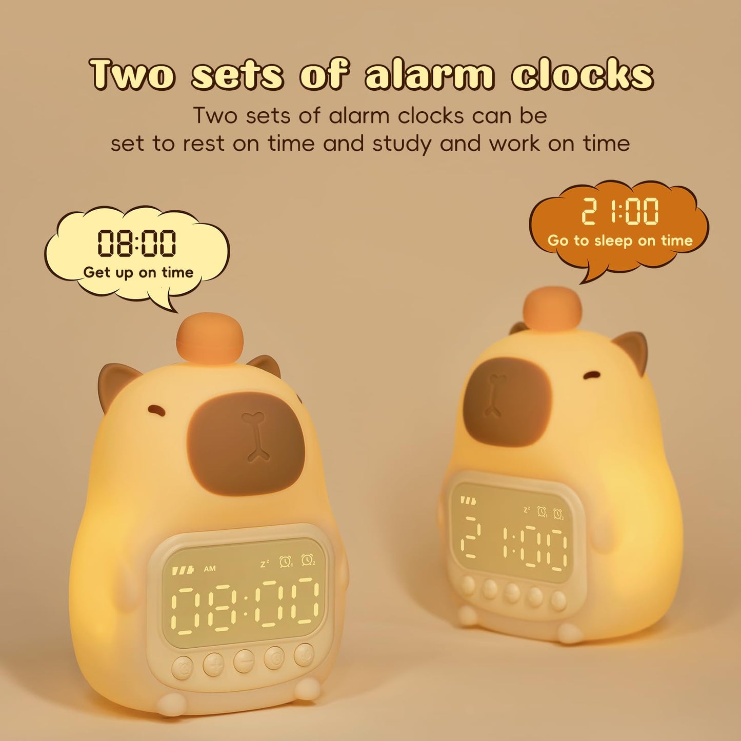 capybara alarm clock with dual alarms showing 8 AM and 9 PM in cute capybara shape