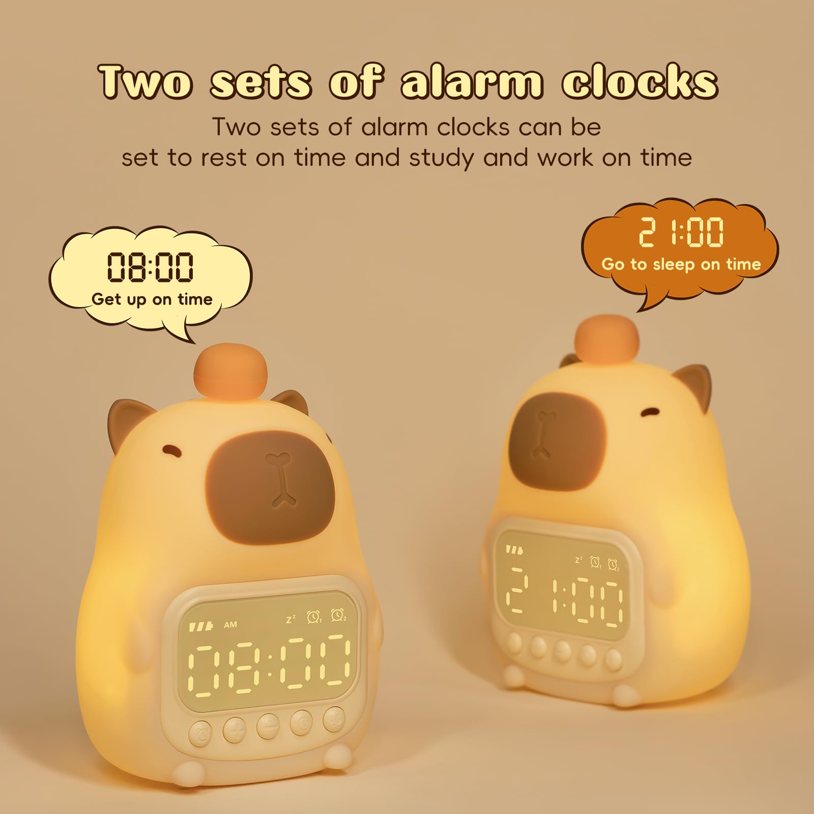 capybara alarm clock with dual alarms showing 8 AM and 9 PM in cute capybara shape