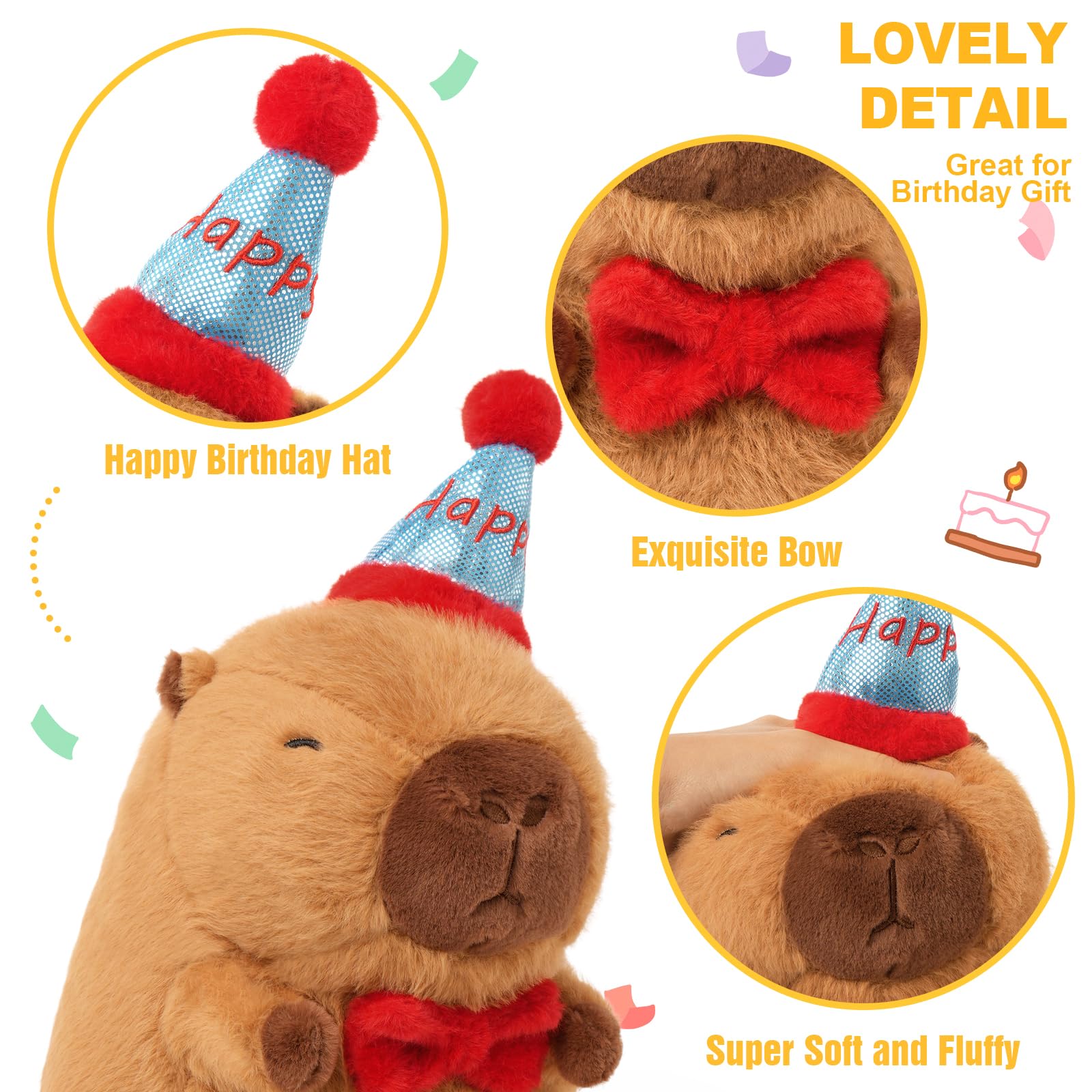 capybara birthday plush pillow with happy birthday hat red bow soft and fluffy