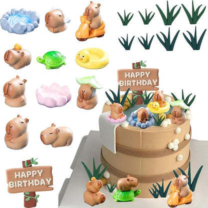 Capybara cake toppers including capybaras, turtle, duck float, grass, and happy birthday signs on birthday cake