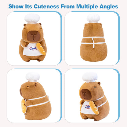 capybara chef plush shown from front, back, and side angles holding a baguette