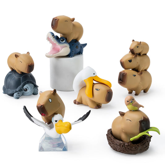 Capybara Cute Cake Toppers featuring adorable capybara figures with animal friends like turtle, alligator, pelican, and bird