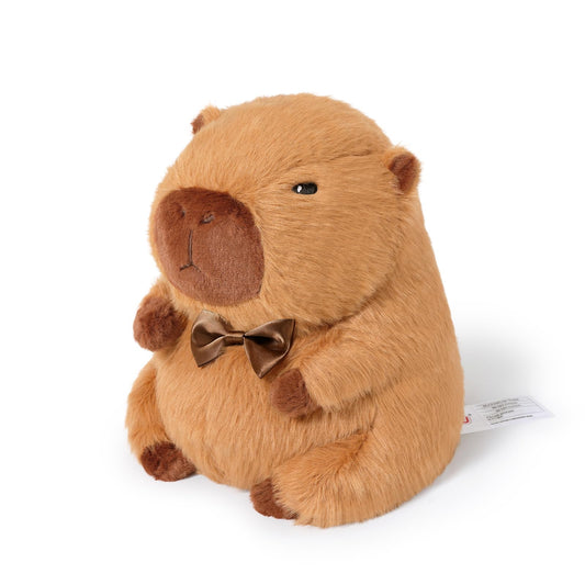 plush capybara heating pad for cramps with soft fur and a brown bow tie