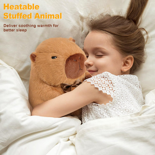 plush capybara heating pad for cramps with soft fur and a brown bow tie