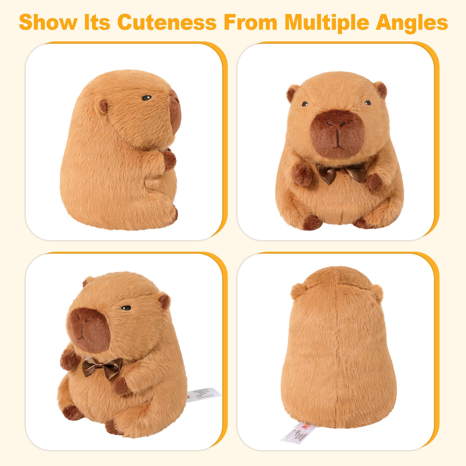 capybara heating pad for cramps shown from multiple angles with soft plush texture and bow tie